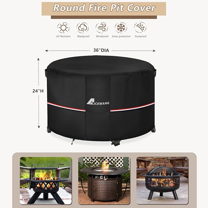 Fire Pit Cover Round 36 Inch Waterproof,Outdoor Heavy Duty Durable 600D Tear-Resistant Fire Pit Table Cover,Patio Round Firepit Cover 36" D x 24" H, Black