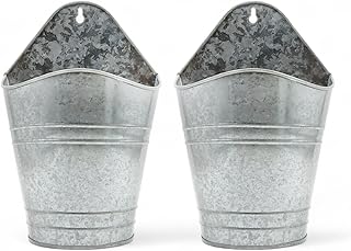 Hosley Set of 2 Galvanized Wall Planters, 10 Inch Hanging Metal Buckets for Indoor Outdoor Garden, Farmhouse Wall Decor, Rustic Patio & Balcony Planter Pots