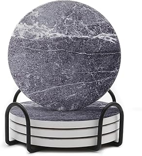 LIFVER Drinks Coasters Set of 4, Living Room Decor, Ceramic Absorbent Coasters with Cork Base, Protect Wooden Table or Furniture from Scratched, Drink Coasters with Holder - Grey
