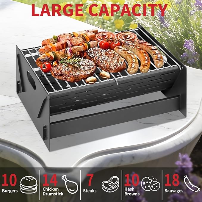 12" Foldable Portable Camping Charcoal Grill - Rust-Resistant Compact Tabletop Grill with Detachable Grate & Quick Assembly for Outdoor Cooking BBQ Smokes Beach Patio Backyard