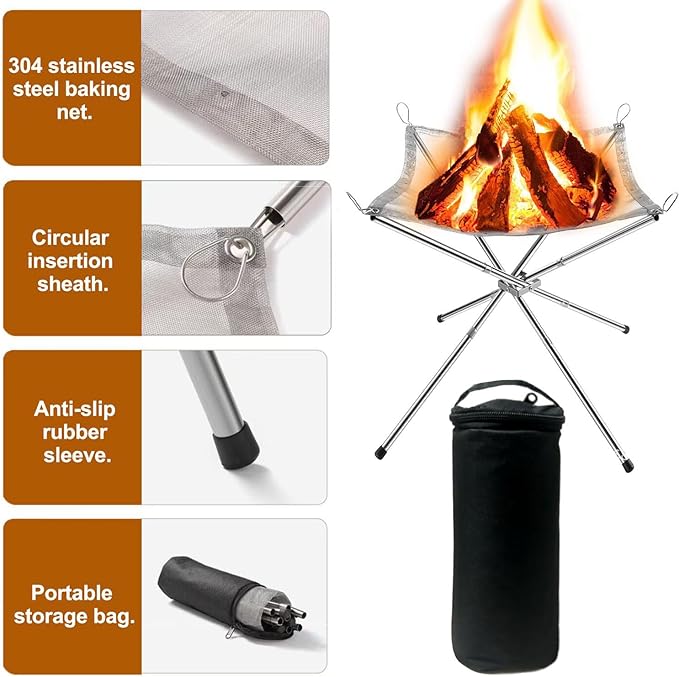 22 Inch Portable Outdoor Fire Pit with Carrying Bag,Foldable Stainless Steel Mesh Fireplace Wood Burning Collapsible Fireplace for Camping Outdoor Hiking BBQ Picnic