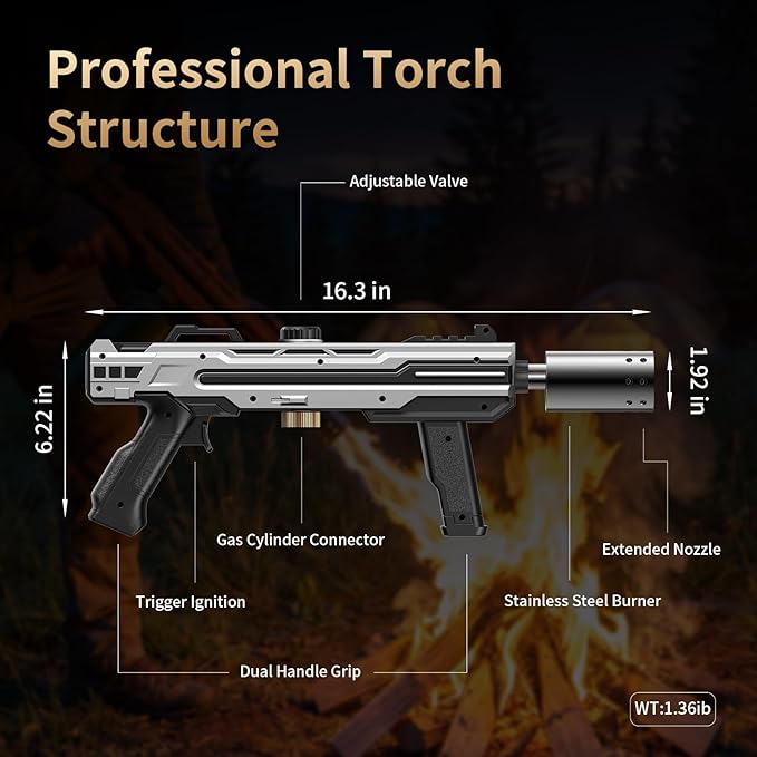 Propane Torch Gun, Adjustable Flame Blow Torch for Cooking, Powerful Grill Torch and BBQ Torch for Charcoal, Fire Torch for Searing Steak, Camping and Outdoor Use (Tank Not Included)