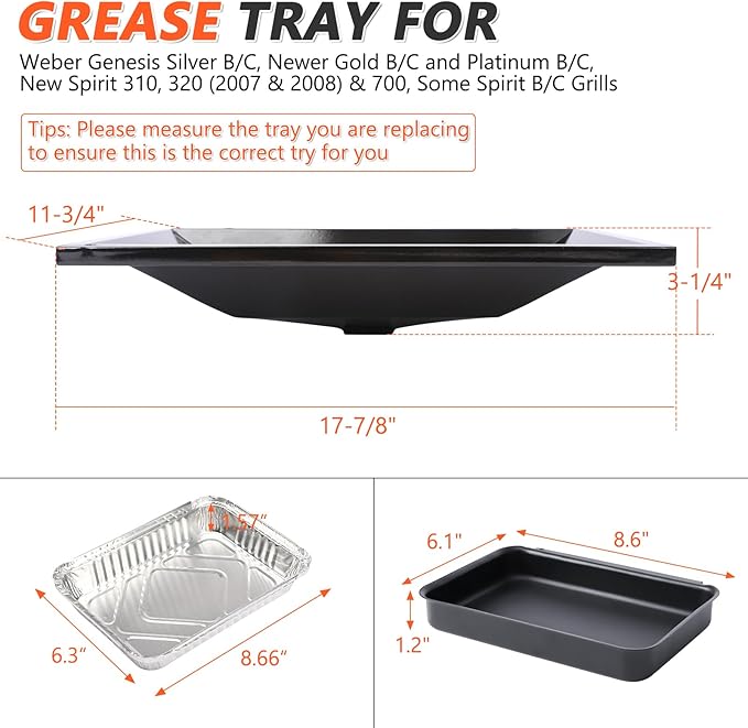 QuliMetal 99250 Grease Tray with 7515 Catch Pan and Holder - Drip Pan for Weber Spirit 310, 320 (2007 & 2008) & 700, Genesis Silver/Newer Gold B, C and Platinum B,C Grills, Replaces Spirit Grease Tray