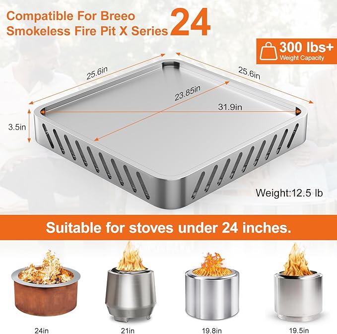 Fire Pit Base Compatible for Breeo Fire Pit X24 (25.6 Inch) - for Lawn & Deck Protection,Stainless Steel Metal Base,Heat Protection & Airflow,Fire Pit mat,Accessory for Outside & Indoor,for Solo Stove
