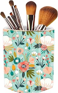 Jwest Pen Holder, Makeup Brush Holder Ceramic Shiny Gold Floral Pattern Pencil Cup for Girls Kids Women Durable Stand Desk Organizer Storage Gift for Office, Classroom, Home Mint Flowers