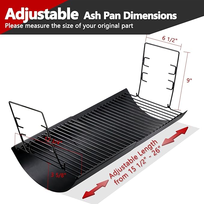 Criditpid 15.75" - 26" Ash Pan Replacement Parts for Char griller 5050 5650 2121 5072 3001 2828 2123 2823 2929 E1224 1224 Charcoal Grill, Adjustable Ash Tray with 2 Fire Grate for Chargriller Parts