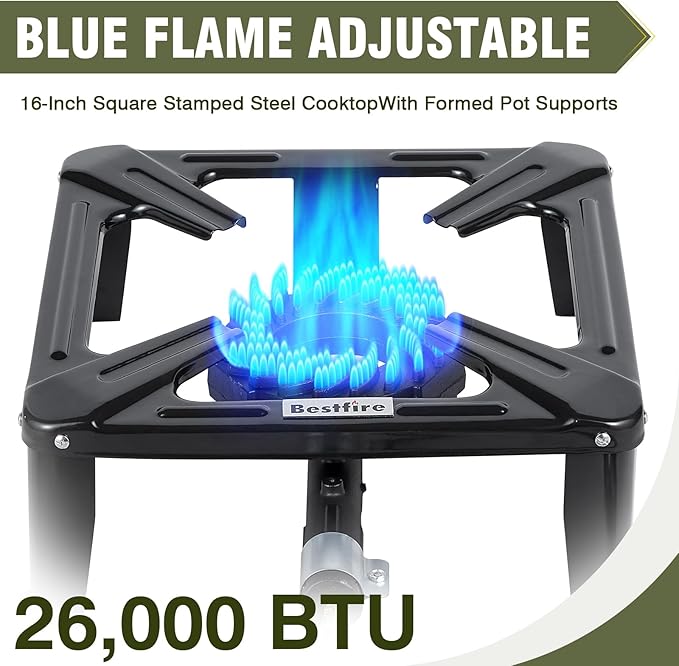 Bestfire High Pressure Propane Burner, 260000 BTU Single Propane Stove with 4.1ft 0-20Psi Adjustable Hose with Regulator, 16" Square Steel Cooktop for Camping