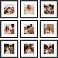 12x12 Picture Frame Set of 9, Display Pictures 8x8 with Mat or 12x12 without Mat, Multi Collage Gallery Square Photo Frames for Wall or Tabletop, Black