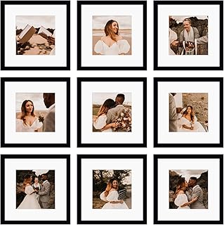 12x12 Picture Frame Set of 9, Display Pictures 8x8 with Mat or 12x12 without Mat, Multi Collage Gallery Square Photo Frames for Wall or Tabletop, Black