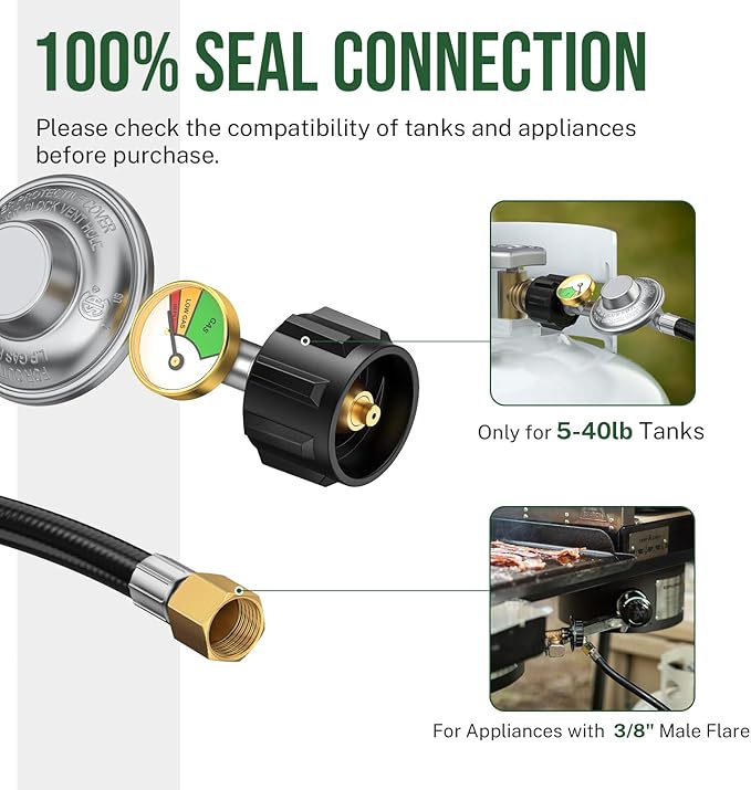 8ft Propane Regulator with Hose&Gauge, 0-1Psi Propane Hose, Gas Grill Regulator for Weber Genesis/Spirit Grill/Blackstone 28”&36” Griddle/Camp Chef Burner Stove/Fire Pit/Heater, 3/8”Gas Line