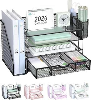 WALI Desk File Organizer, 4 Tier Desktop Paper Letter Tray Organizer with Drawer and 2 Pen Holders, Office Desk Accessories & Workspace Organizers for Office, Home Supplies(DO005DH-B), 1 Pack, Black