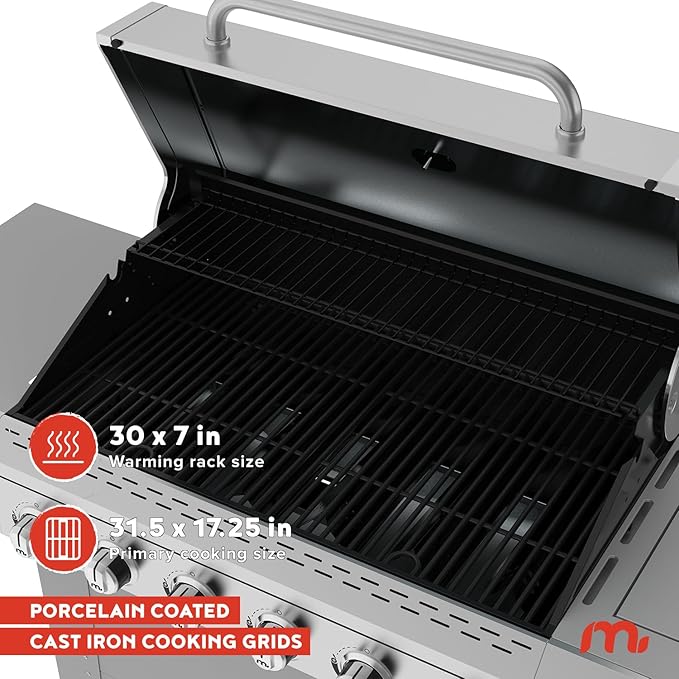 Megamaster Stainless Steel 6-Burner Propane Gas Grill with Side Burner, Barbecue Grill with Temperature Gauge, 66,000 BTUs, 737 SQ. In. Cooking Area, Outdoor BBQ Grill for Backyard Patio - 720-0983CB