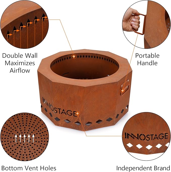 Outdoor Fire Pit - 24" Smokeless Wood Pellet Fire Pits Large for 4-6 People Campfire-Weathering Steel Material