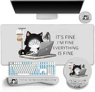 LIMKRIAN Cat Ergonomic Mouse Pad with Wrist Rest Desk Mat Sets Accessories, Cute Mouse Pads for Desk, Gaming Mouse Pad Wrist Support, Keyboard Mat Wrist Rest Cup Coaster Funny Office Desk Accessories