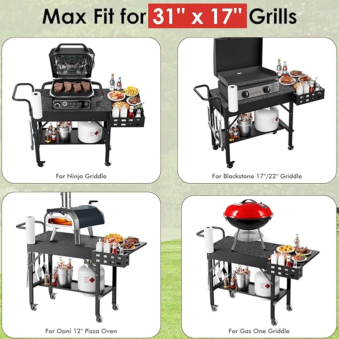 Leteuke Grill Cart for Blackstone Griddle, Portable Outdoor Grill Table, Foldable Cart Table with Wheels for Ninja, Griddle Stand Fit 17 Inch Or 22 Inch, BBQ Prep Tables with Seasoning Tray