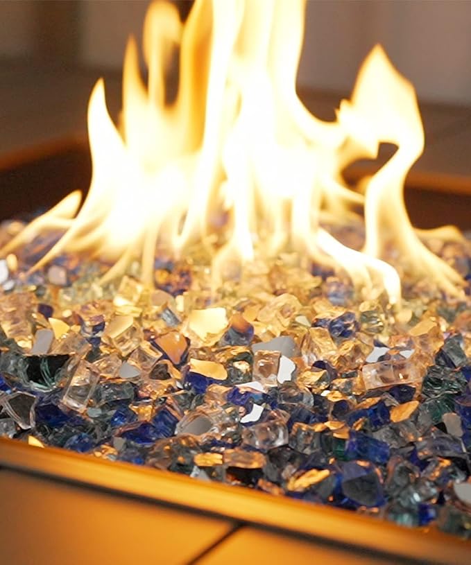 NUPICK 10 Pound Fire Glass for Fire Pit, 1/2 Inch Tempered Mixed Fire Glass in Bahama Blend for Propane Fire Pit & Gas Fireplace, Blue and White Fire Glass Rock