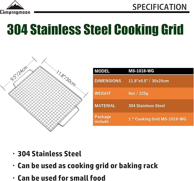 CAMPINGMOON Cooking Grid Campfire Grill Grid BBQ Replacement Grate 304 Stainless Steel Portable Handle (Silver 11.8 x 9.5)