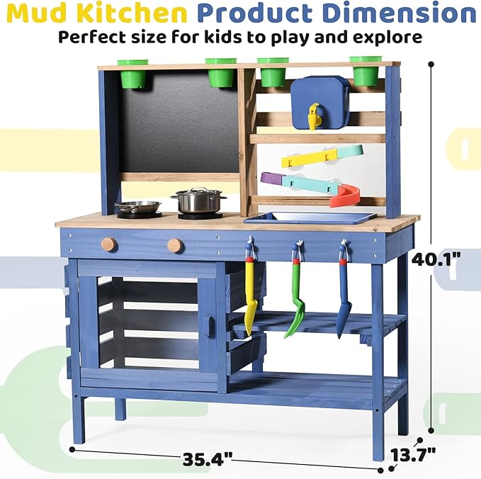 Wooden Outdoor Mud Kitchen for Kids, Pretend Play Kitchen Playset with Removable Sink, Faucet, Stove Top, Planting Area & Cooking Accessories, Toddler Gift for Boys Girls Ages 3+ (Blue)
