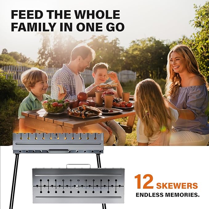 Stainless Steel Charcoal Grill for 12 Skewers – Portable BBQ 24.80"×9.45"×24.80" – Foldable Kabob Mangal – Heavy-Duty Rustproof Grill for Outdoor (Skewers Not Included)