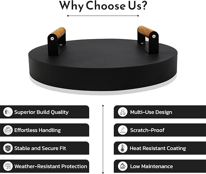 15.5” Round Firepit Lid – Heat Resistant Fire Pit Cover Lid Round for Outdoor Fireplace -16 Gauge Steel Flat Fire Pit Burner Pan Cover with Dual Wooden Handles Snuffer Lid for Patio Fire Pit Ring