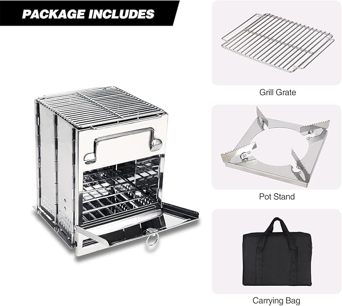 Large Portable Camping Wood Stove for Cooking, 304 Stainless Steel Folding Lightweight Wood Burning Stove with Grid and Pot Stand for Outdoor Camping Hiking Backpacking BBQ Picnic