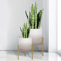 ARNIS Plants Pots with Stand, Set of 2 Indoor Planter Pots, Unique Mid Century Decorative Metal Flower Pots with Drainage,8.25 & 10.5 Inch, Grey and White
