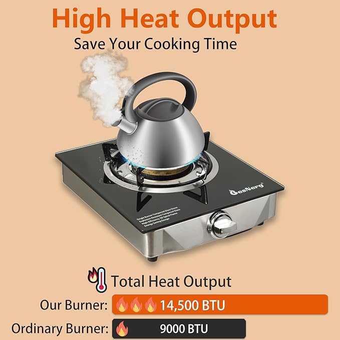 Propane Stove 1 Burner Gas Stove, 14500 BTU High-Efficiency Auto Ignition Tempered Glass LPG Cooktop with CSA Regulator and Hose – for Outdoor Camping, RV, and Emergency Cooking