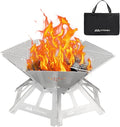 21" Portable Outdoor Fire Pit, 0.8mm Thick Stainless Steel Collapsible Wood Burning Pit with Charcoal Grill Net & Storage Bag for Patio, Backyard BBQ, Camping & Beach Bonfires