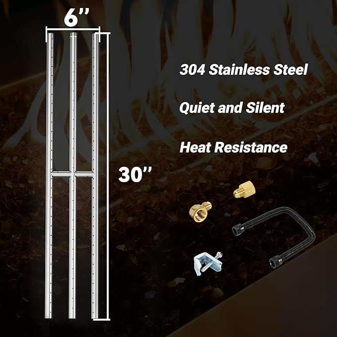 Skyflame 30" x 6" Rectangular Gas Fire Pit and Fireplace H-Burner with 3 Pipes - 304 Stainless Steel - for Indoor & Outdoor Use