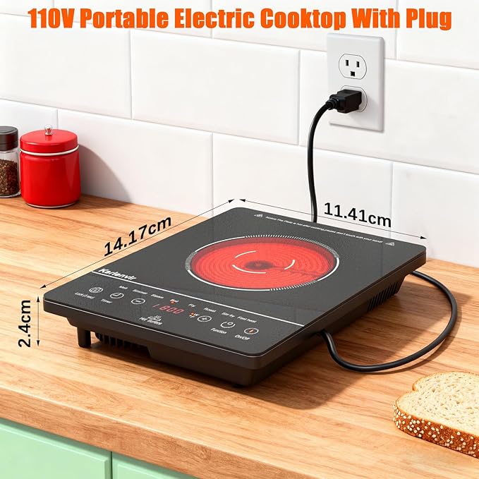Portable Electric Cooktop 110V, 1800W Single Burner, Touch Control Electric Stove Top with 9 Power Levels, Plug in Cook top Safety Lock & Timer