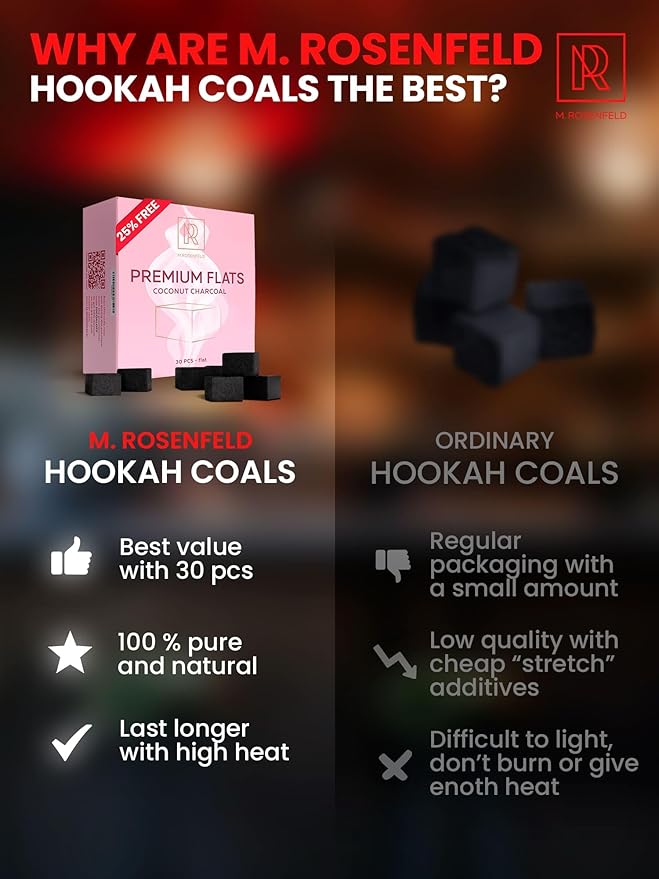 Hookah Coals Flats Coconut Charcoal for Hooka – 30 Count Value Pack Premium Quality 15mm (1x1x0.6 in) – M. ROSENFELD 100% Natural Coconut Hooka Charcoal for Hookah – NOT Quick Light Charcoal Pills