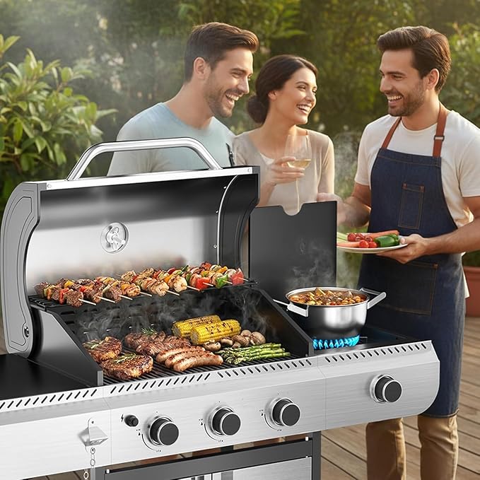 3-Burner Propane Gas Grill with Side Burner, 34,000 BTU Stainless Steel BBQ Grill – Heavy-Duty Porcelain-Enameled Grates for Patio and Outdoor Cooking