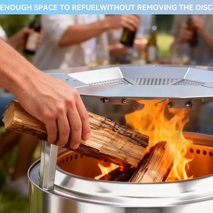 Fire Pit Heat Deflector for Solo Stove Bonfire 19.5", 304 Stainless Steel Portable Heat Diffuser Firepit Captures and Redirects Warmth with Handle & Leg, Detachable Burner Cover Accessories