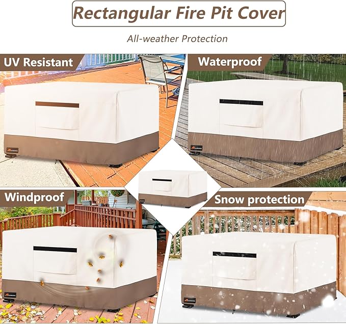 Fire Pit Cover Rectangular, Outdoor Heavy Duty 600D 100% Waterproof Tear-Resistant 42 Inch Fire Table Cover Rectangle, Patio Gas Fire Pit Table Covers, Beige 42" L x 24" W x 24" H