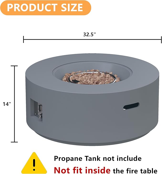 32.5 inch Round Propane Fire Pit, 50000 BTU Gas Fire Pit Table with Steel Lid, Waterproof Cover, 10ft Gas Hose & Gas Tank Base, Lava Rocks, Grey