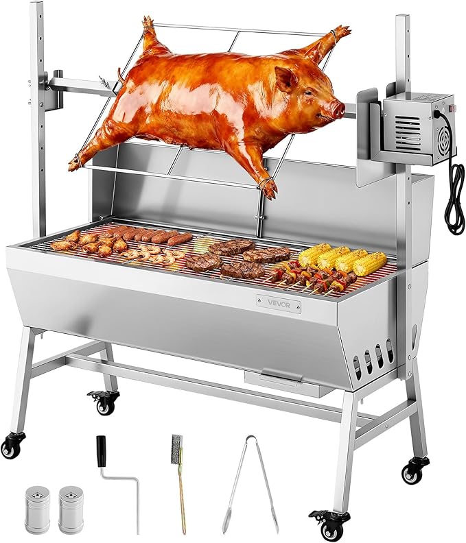 VEVOR Rotisserie Grill, 37in BBQ Outdoor Pig & Lamb Spit Roaster, Charcoal Spit Roaster with 132 LBS Load Capacity & 7-Level Height, Stainless Steel Electric Rotisserie Grill Kit for Camping Outdoor