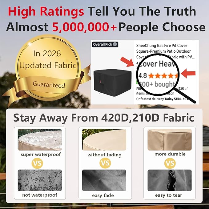 [2026 Upgraded]SheeChung Fire Pit Cover Square 28"L x 28"W x 25"H,Heavy Duty 600D Waterproof Outdoor Firepit Cover,Fit for 24/26/28 Inch Propane Firepit Table,Gas Fire Pit Table Covers with Drawstring