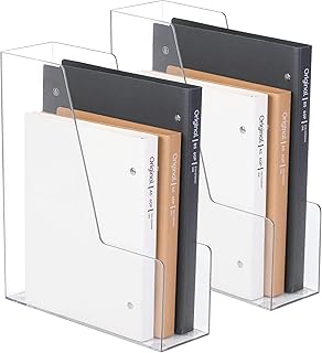 CiWiVOKi Vertical File Holder, PET Desk Organizer, Multi-purpose Plastic Document Storage Bins for Magazines, Binders, Notebooks, Envelopes, 2 Pack