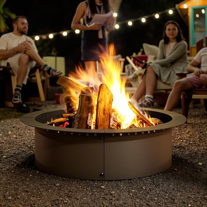 IDZO Fire Pit Ring 42 inch Outer, 36 inch Inner Diameter with Air Venting Holes, 10 inch Height Steel Fire Pit Insert for Smokeless DIY Campfire, Outdoor In-Ground or Above Ground Use