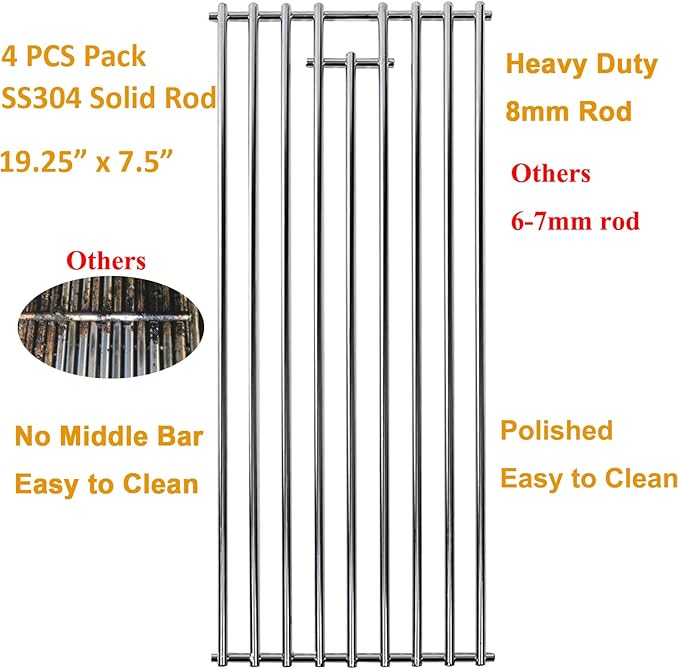8mm 4 Pack Bull BBQ Lion Premium BBQ Grill Grate Replacement Parts For Bull 16517 BBQ Angus, Brahma, Lonstar Select, Outlaw Steer Premium, Lonestar Select, 7 Burner Premium, 65073 L60000 L75000 L90000
