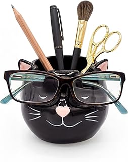 Cat Glasses Holder Stand and Vase - Black Cat Ceramic Sunglasses and Eyeglasses Stand Cat Lady Gift Display and Decor Organizer for Desk Accessories and Stationery Items