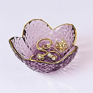 Purple Glass Jewelry Dish Tray, Birthday Gifts for Mom, Crystal Ring Holder for Women, Small Flower Ring Dish Jewlery Plate, Engagement Trinket Jewelry Tray, Nightstand Decor Jewerly Bowl
