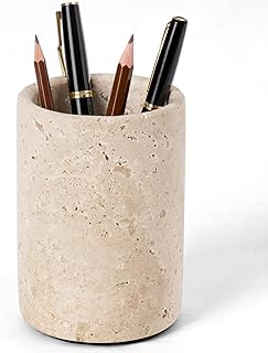 Radicaln Marble Pen Holder For Desk 4" Inches Travertine Handmade Round Desktop Organizer and Pencil Cup for Office, School, Home and Stationary Supplies