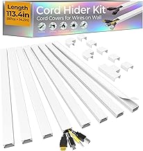 113.4in Cord Hider Kit, Cord Covers for 2-4 Wires on Wall, Self-Adhesive Cable Hider Wire Covers for Cords on Wall, Paintable Cord Hider for Walls Mount Tv, Cable Cover Raceway, W0.95 H0.55in, White