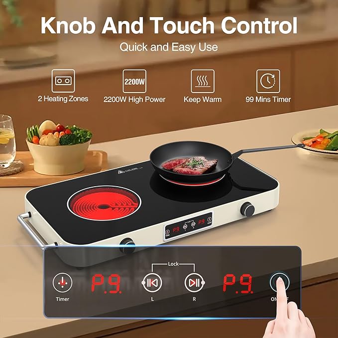 GIHETKUT Electric Cooktop, 2200W 110V Electric burner, Electric Stove Top with 2 Handle, 2 Burner Electric Cooktop with 9 Power Settings,Knob Control Child Safety Lock & Timer.