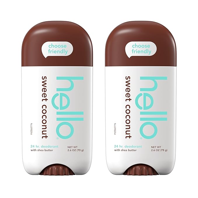 hello Sweet Coconut Aluminum Free Deodorant for Women and Men with Shea Butter, 24-Hour Freshness, Baking Soda Free Deodorant, Dermatologically Tested, 2.6 oz Stick (2 Pack)