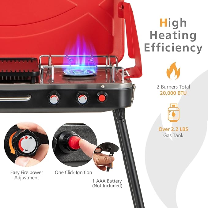 2-Burner Gas Camping Stove, Portable BBQ Grill with Detachable Legs, Roast Grill & 3-Sided Wind Screen, 22,000 Total BTUs of Power, Outdoor Propane Burner Grill Stove for Picnic (Red)