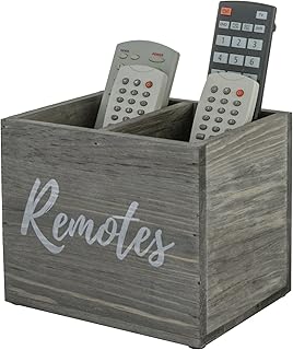 MyGift Vintage Gray Weathered Solid Wood Remote Holder for Table, 2 Compartment Caddy Holds TV DVD Blu-Ray Controls, Media Storage Box with White Cursive Remotes Label
