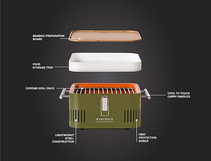 Everdure Cube Portable Charcoal Grill, Tabletop BBQ, Perfect Tailgate, Beach, Patio, or Camping Grill, Lightweight & Compact Small Grill with Preparation Board & Food Storage Tray, Khaki