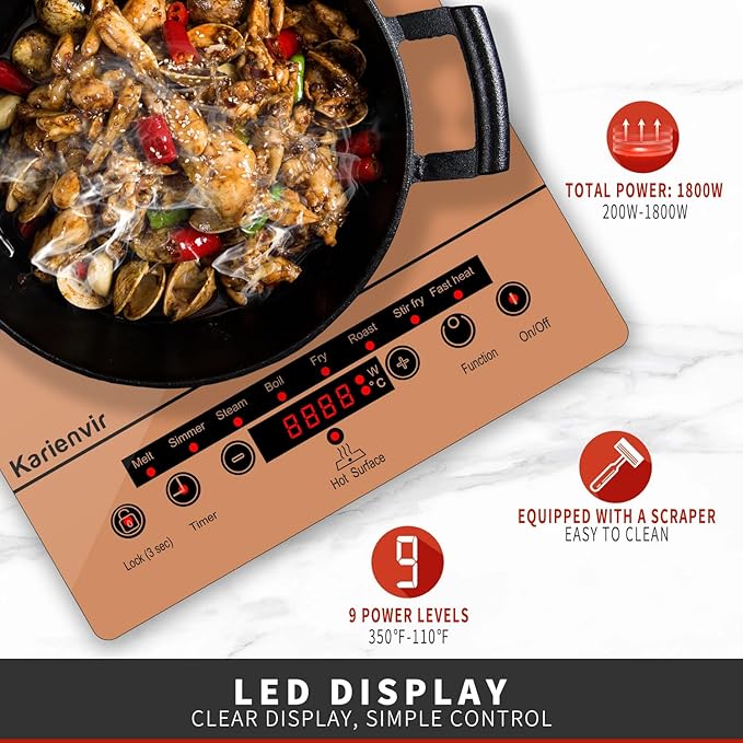 Single Burner Electric Cooktop, Portable Electrics Stove 110v with plug, Touch Stove Electric with Safety Lock, Timer, Kitchen Cooking Cooktop With 9 Power Levels, 1800W(orange)